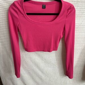 SHEIN Hot Pink Ribbed Long Sleeve Scoop Neck Crop Top